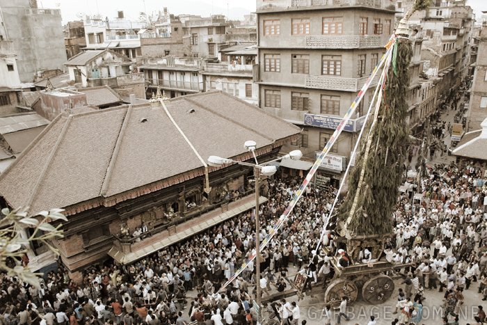 People pulling the chariot of Janmadya, towards Kathmandu Durbarsquare, in this picture is in front of Akash Bhairab, Kathmandu.